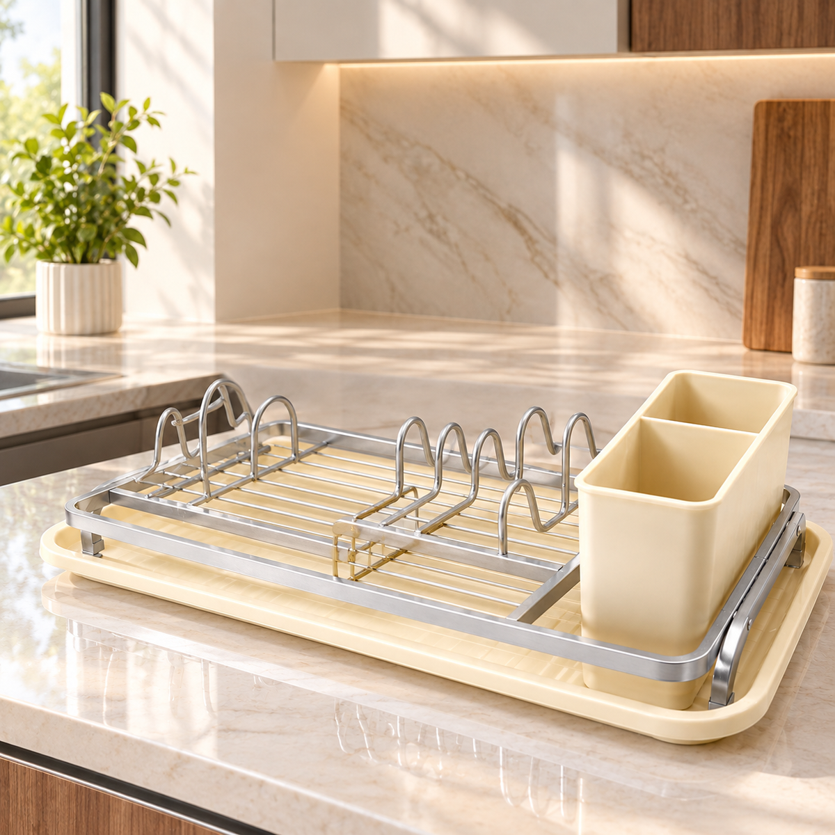 Single-Tier Aluminium Dish Drying Rack with Cutlery Holder & Drip Tray