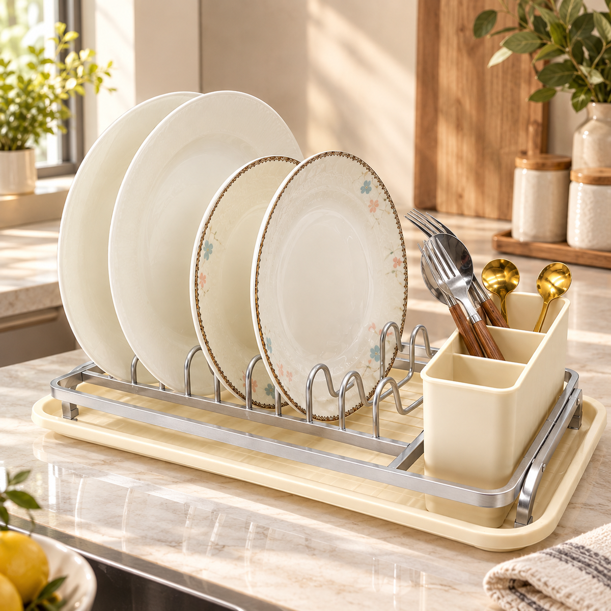 Single-Tier Aluminium Dish Drying Rack with Cutlery Holder & Drip Tray