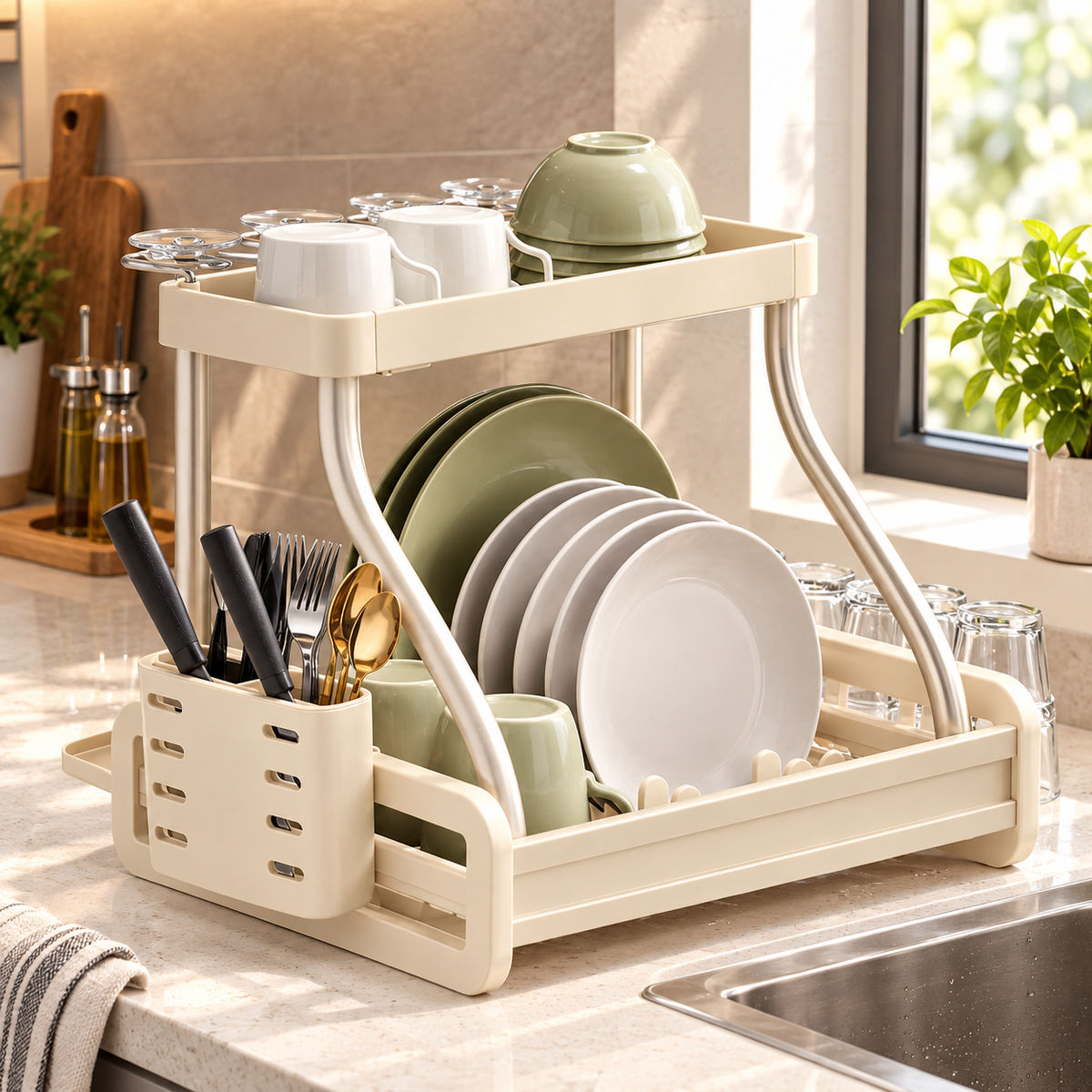 2-Tier Aluminium Dish Drying Rack with Cutlery Holder & Glass Hooks
