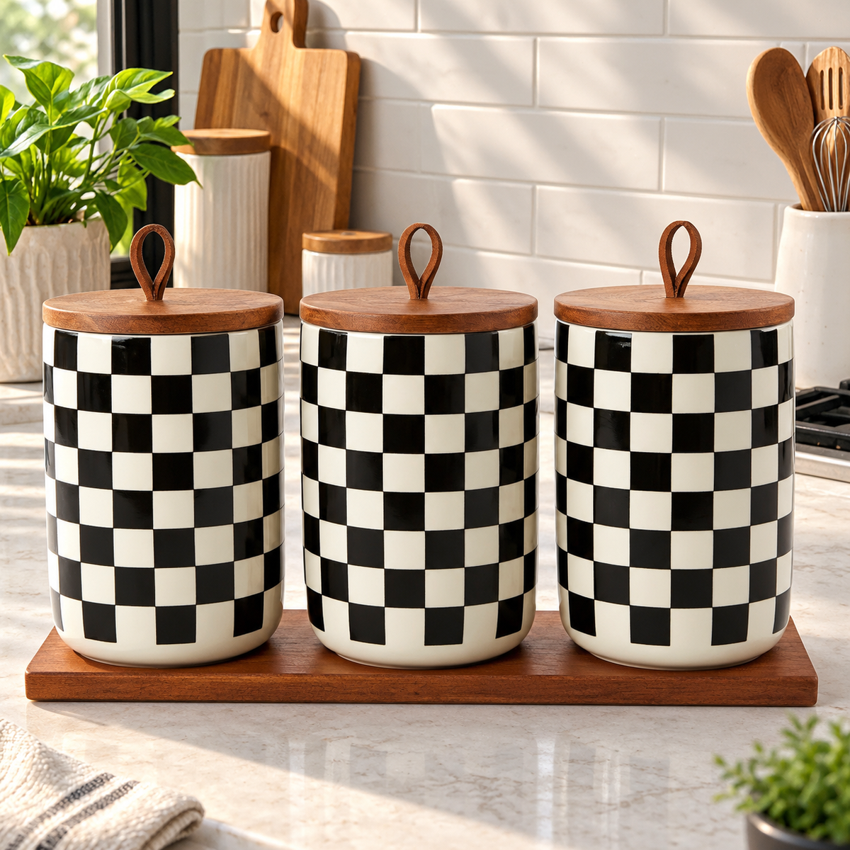 3-Piece Luxury Checkered Ceramic Canister Set with Wooden Lids & Tray