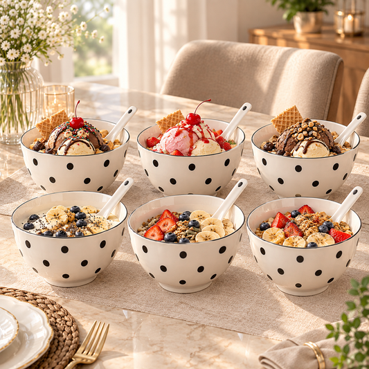 12-Piece Black Polka Dot Ceramic Bowl & Spoon Gift Set with Kraft Box