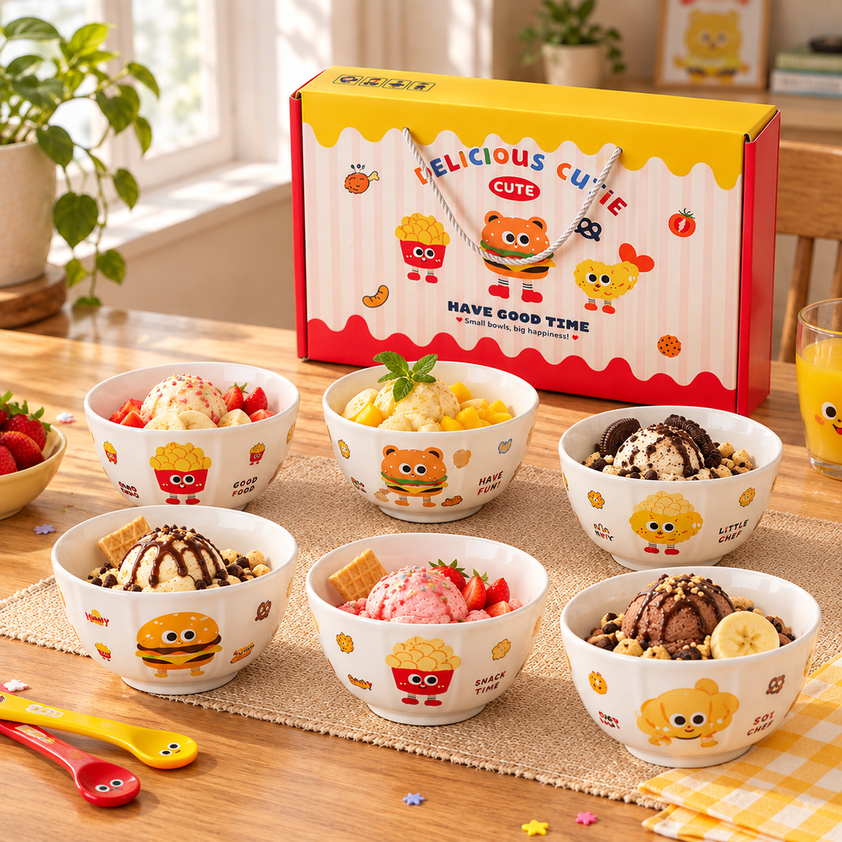 6-Piece Delicious Cutie Cartoon Ceramic Bowl Set with Gift Box