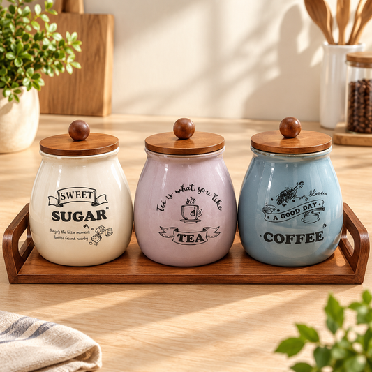 3-Piece Ceramic Tea, Sugar & Coffee Canister Set with Wooden Tray