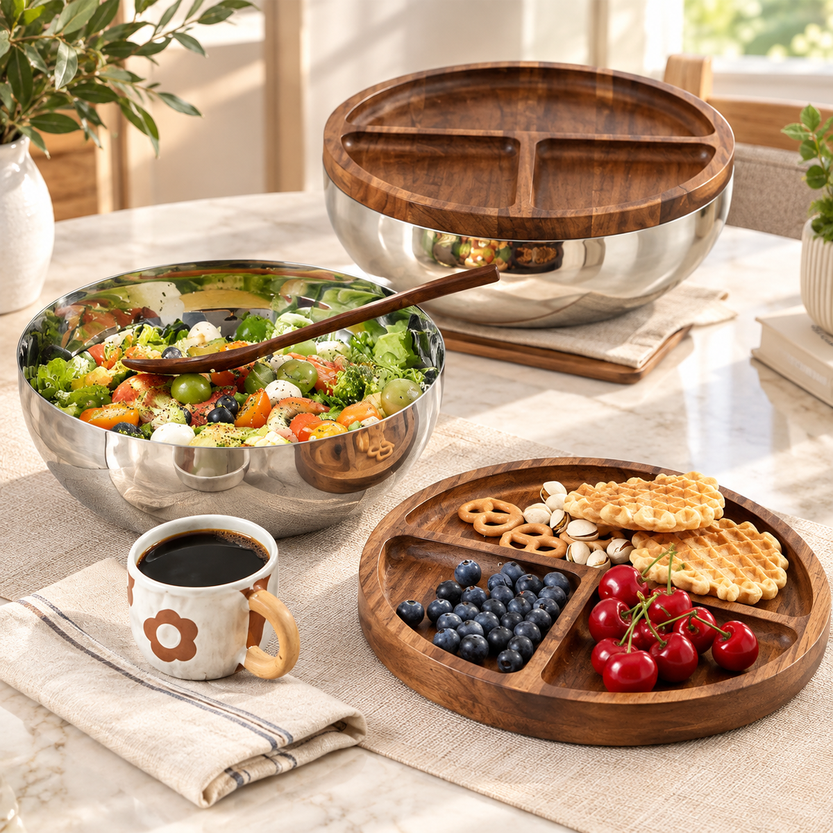 Dual-Serve Stainless Steel Bowl with 3-Compartment Solid Wood Platter Lid