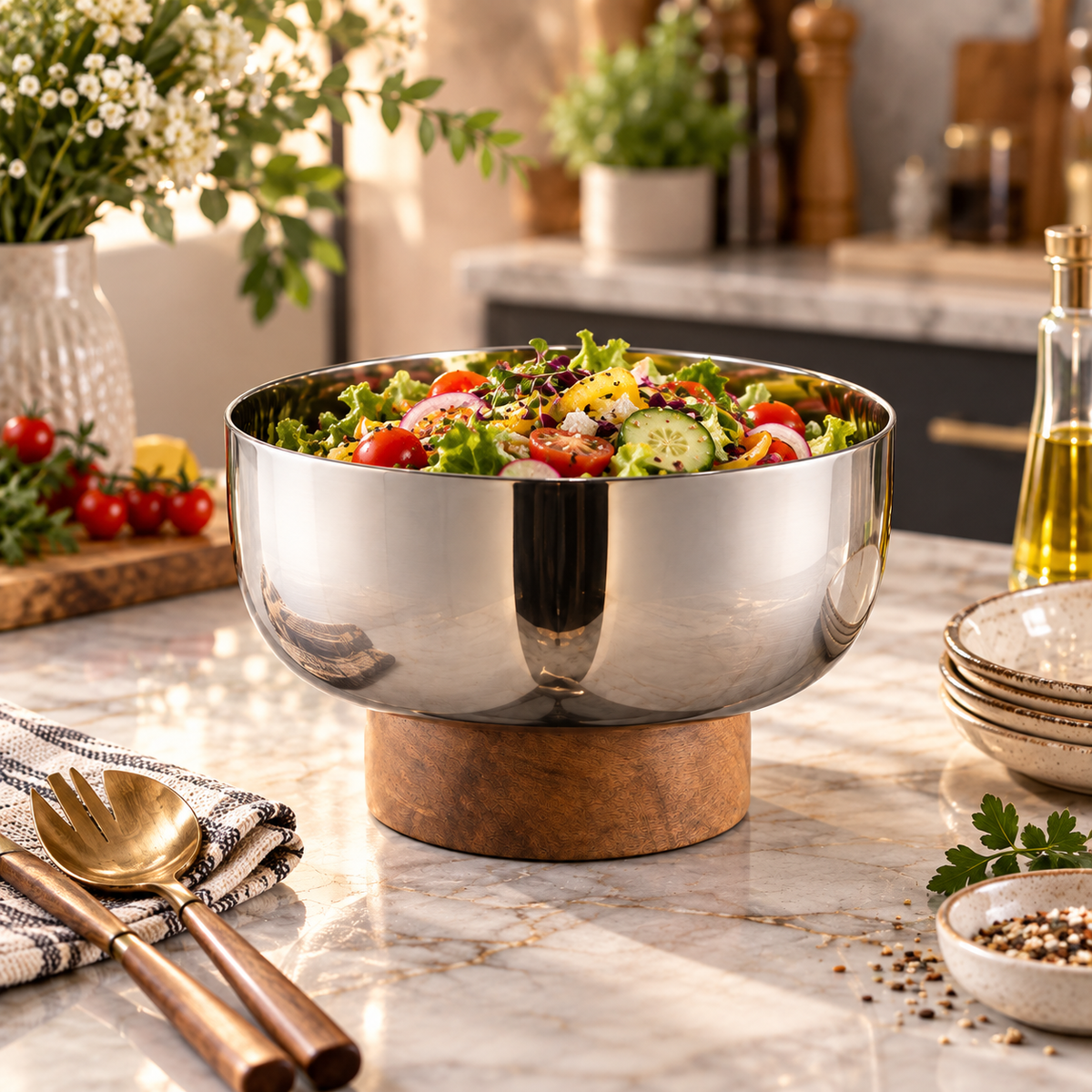 Elevated Stainless Steel Pedestal Serving Bowl with Wooden Base (16.5 x 9.4 cm)