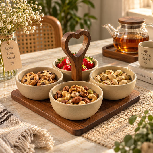 4 Bowl Snack Serving Tray with Heart-Shaped Wooden Handle