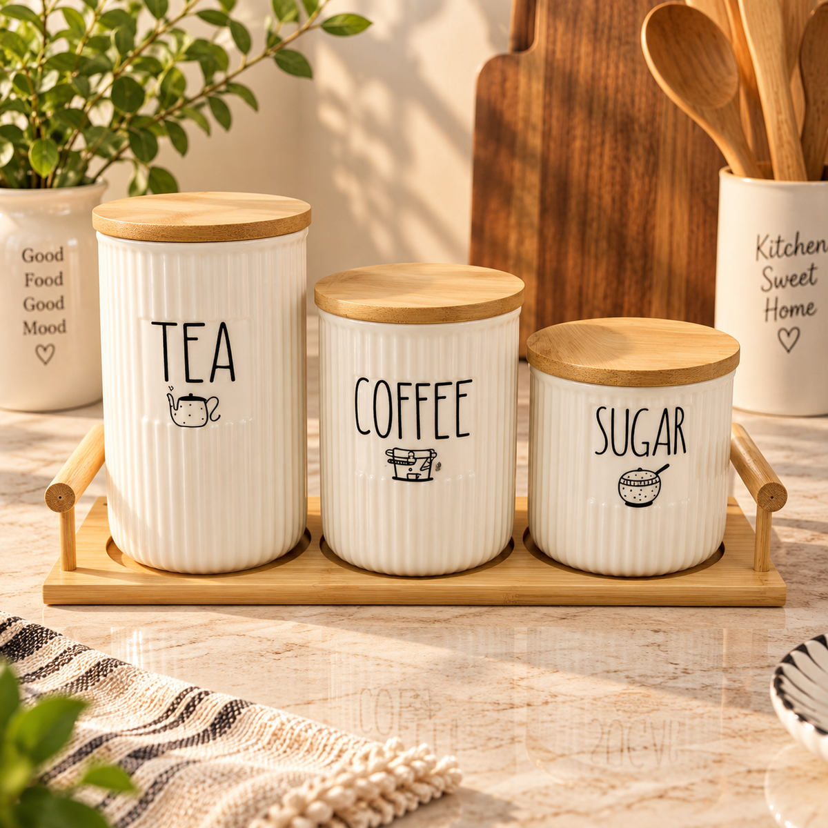 3 Pieces Tea Coffee Sugar Storage Set with Wooden Tray