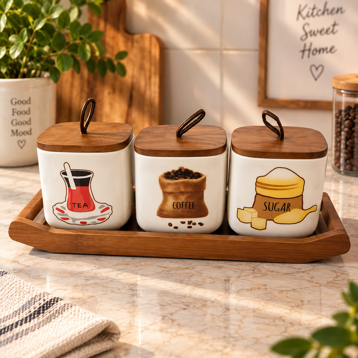 3 Pieces Tea Coffee Sugar Storage Set with Wooden Tray