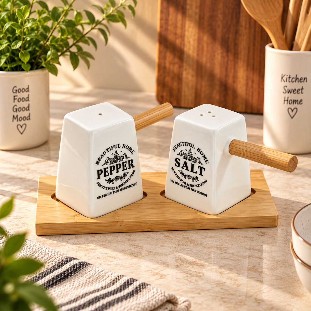 Salt & Pepper Shaker Set with Wooden Tray