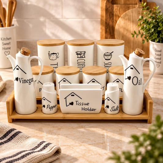 Kitchen Storage & Condiment Set with Wooden Tray