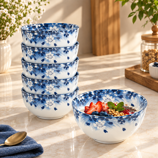 6-Piece Hand-Painted Japanese Sakura Ceramic Bowl Gift Set (Blue Box)