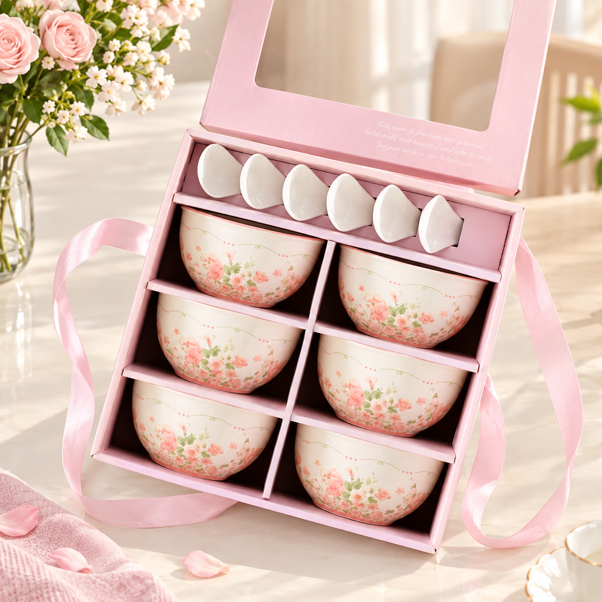 12-Piece Vintage Floral Ceramic Bowl & Spoon Gift Set with Pink Presentation Box