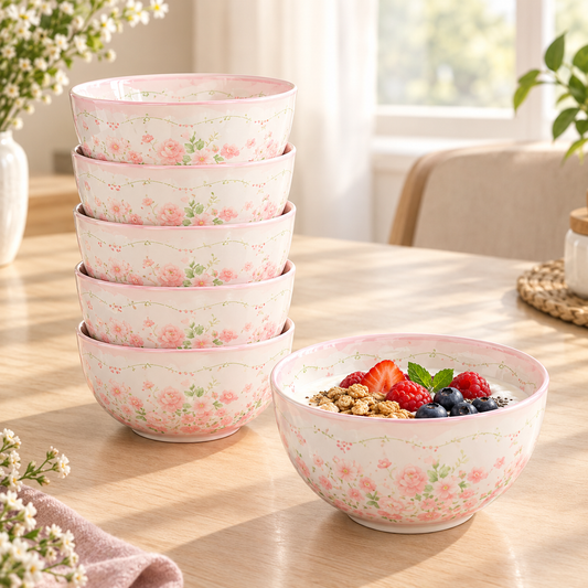 12-Piece Vintage Floral Ceramic Bowl & Spoon Gift Set with Pink Presentation Box