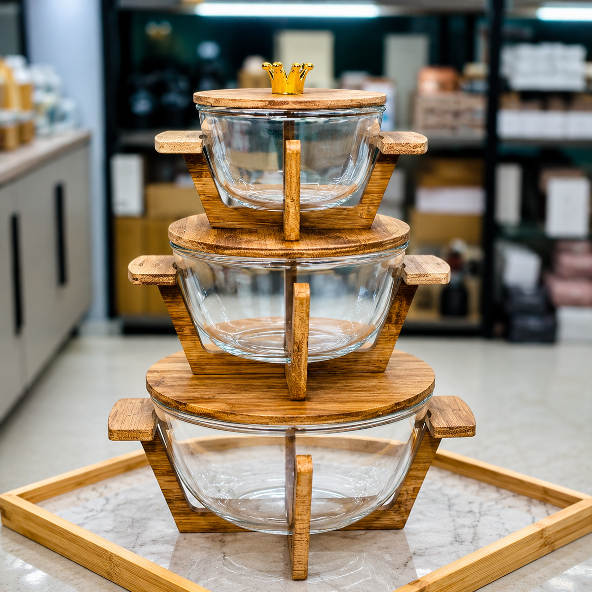 Walnut Wood Round Glass Serving Bowl with Stand & Crown Lid — 3 Sizes Available