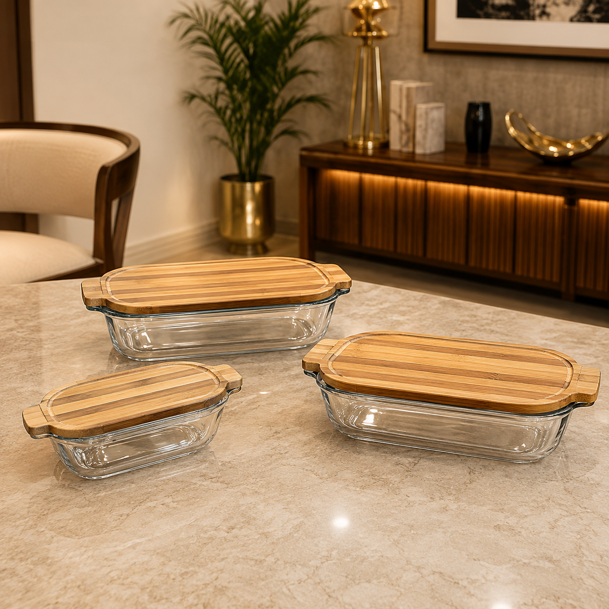 Walnut Wood Rectangular Glass Casserole Dish with Lid & Stand — 3 Sizes Available