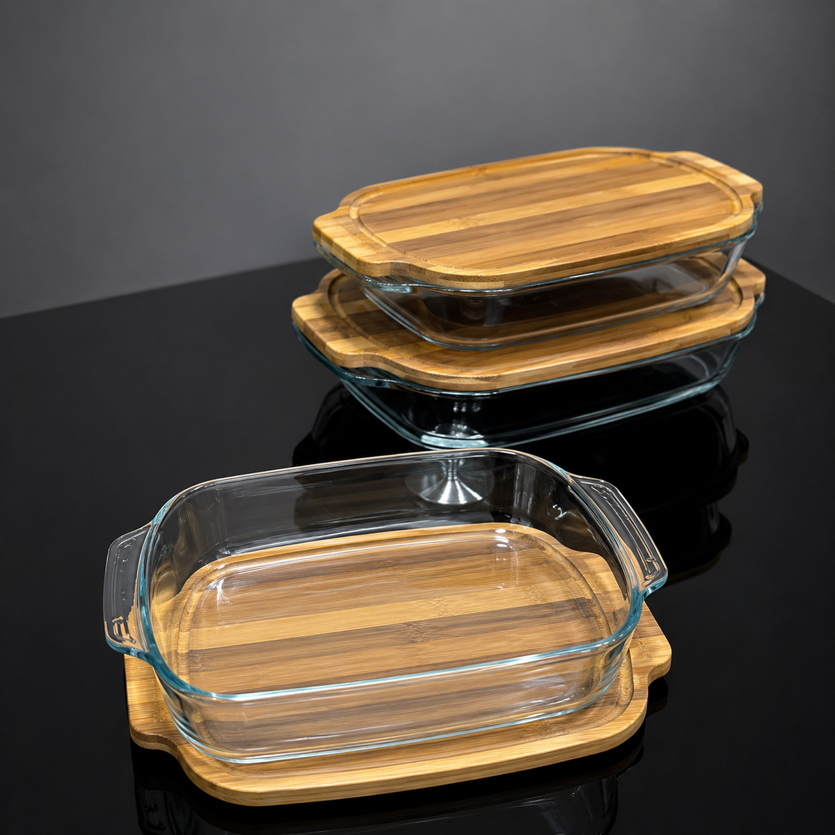 Walnut Wood Rectangular Glass Casserole Dish with Lid & Stand — 3 Sizes Available