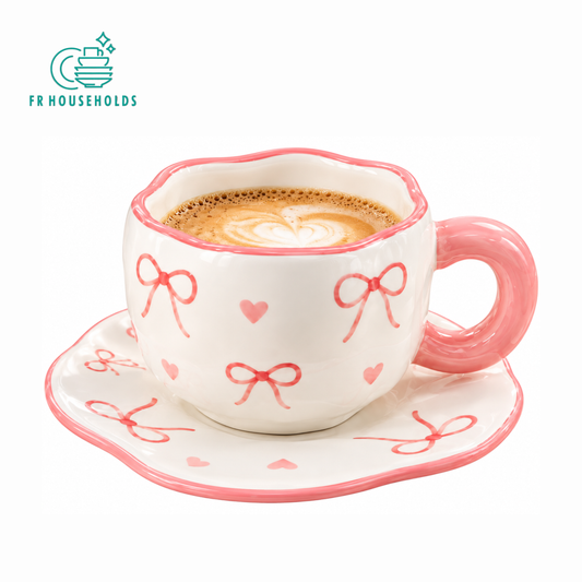 Pink Bow Print Ceramic Tea Cup and Saucer