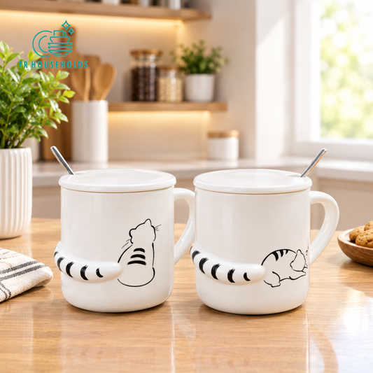 Cat Ceramic Coffee & Tea Mug with | 1 Mug - 1 Lids - 1 Spoons