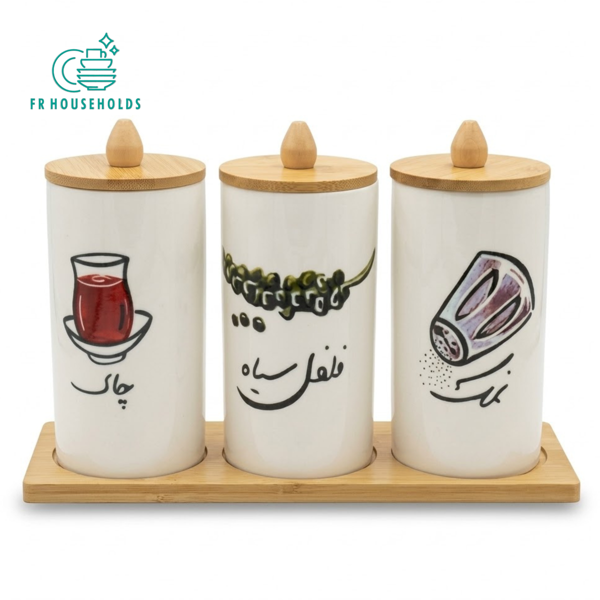 3-Piece Ceramic Kitchen Canister Set with Wooden Tray & Knob Lids