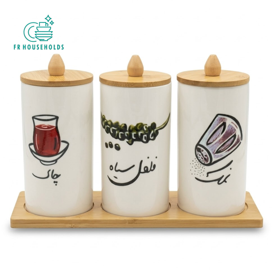 3-Piece Ceramic Kitchen Canister Set with Wooden Tray & Knob Lids