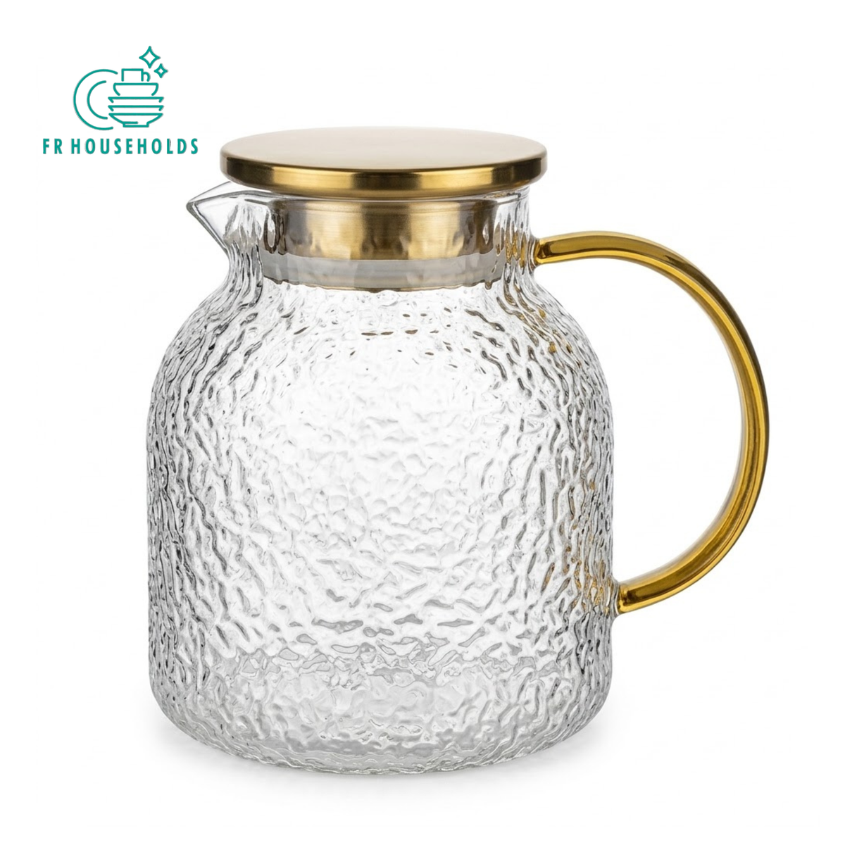 Hammered Glass Water Pitcher & Drink Carafe with Gold Lid and Handle | 1.5ltr