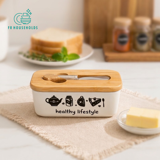 Ceramic Butter Dish with Wooden Lid & Spreader Knife