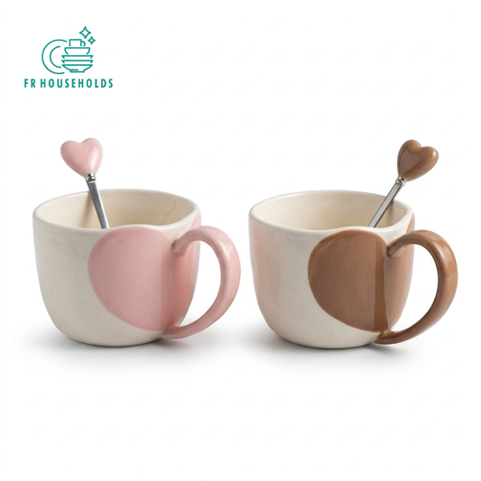 2-Piece Heart Motif Ceramic Coffee & Tea Mug Set with Matching Spoons