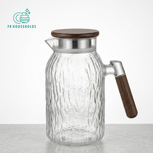Textured Glass Water Pitcher & Tea Carafe with Wooden Lid and Handle | 1.5ltr