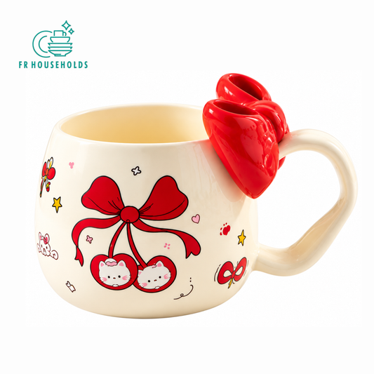 Cute Ceramic Coffee Mug with Bow Handle – Available in Different Colours