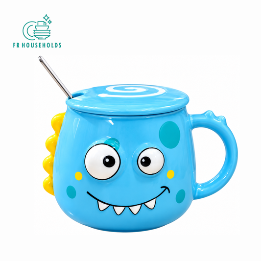 Cute Monster Ceramic Mug with Lid and Spoon Set