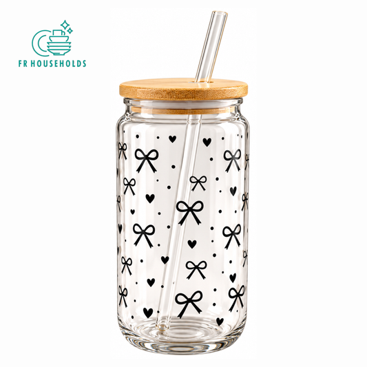 Black Bow & Heart Glass Tumbler with Lid & Straw