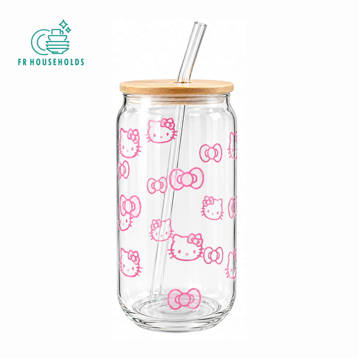 Hello Kitty Pink Glass Tumbler with Lid & Straw – Bow Design