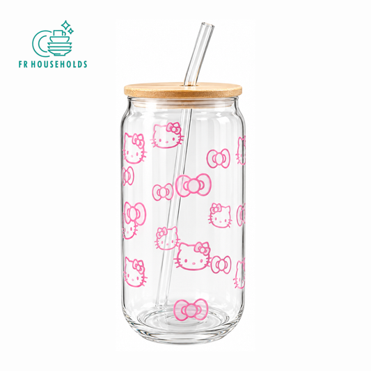 Hello Kitty Pink Glass Tumbler with Lid & Straw – Bow Design