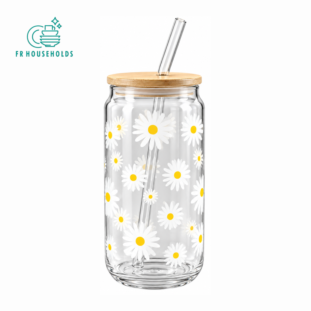 Daisy Flower Glass Tumbler with Lid & Straw