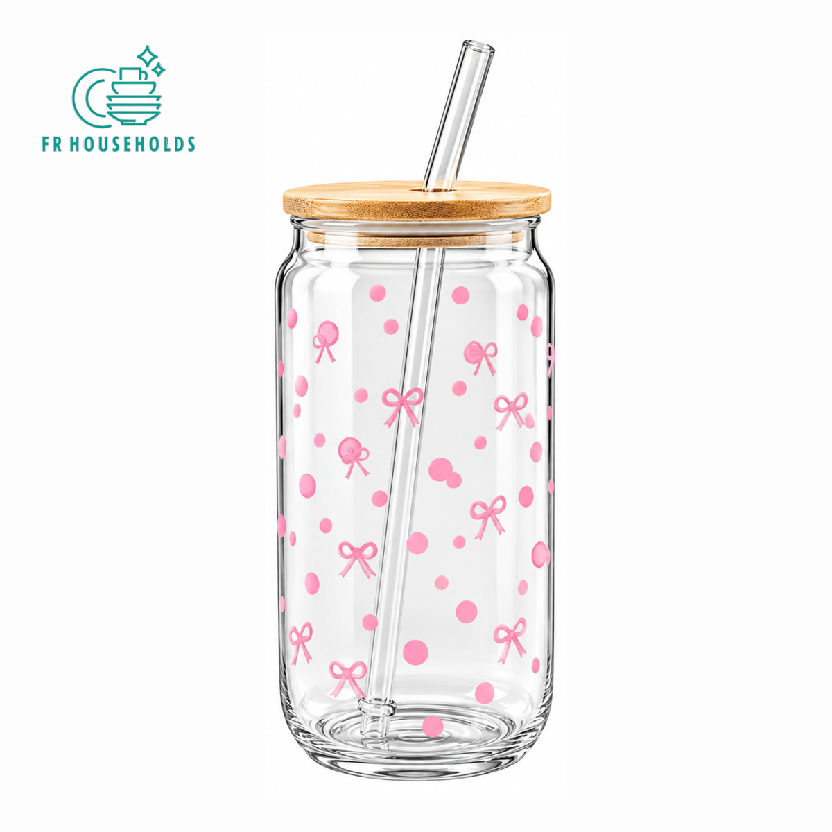 Pink Bow & Dot Glass Tumbler with Lid & Straw