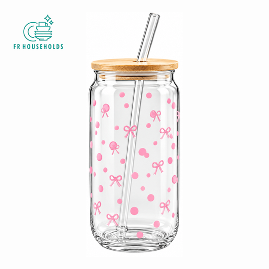 Pink Bow & Dot Glass Tumbler with Lid & Straw