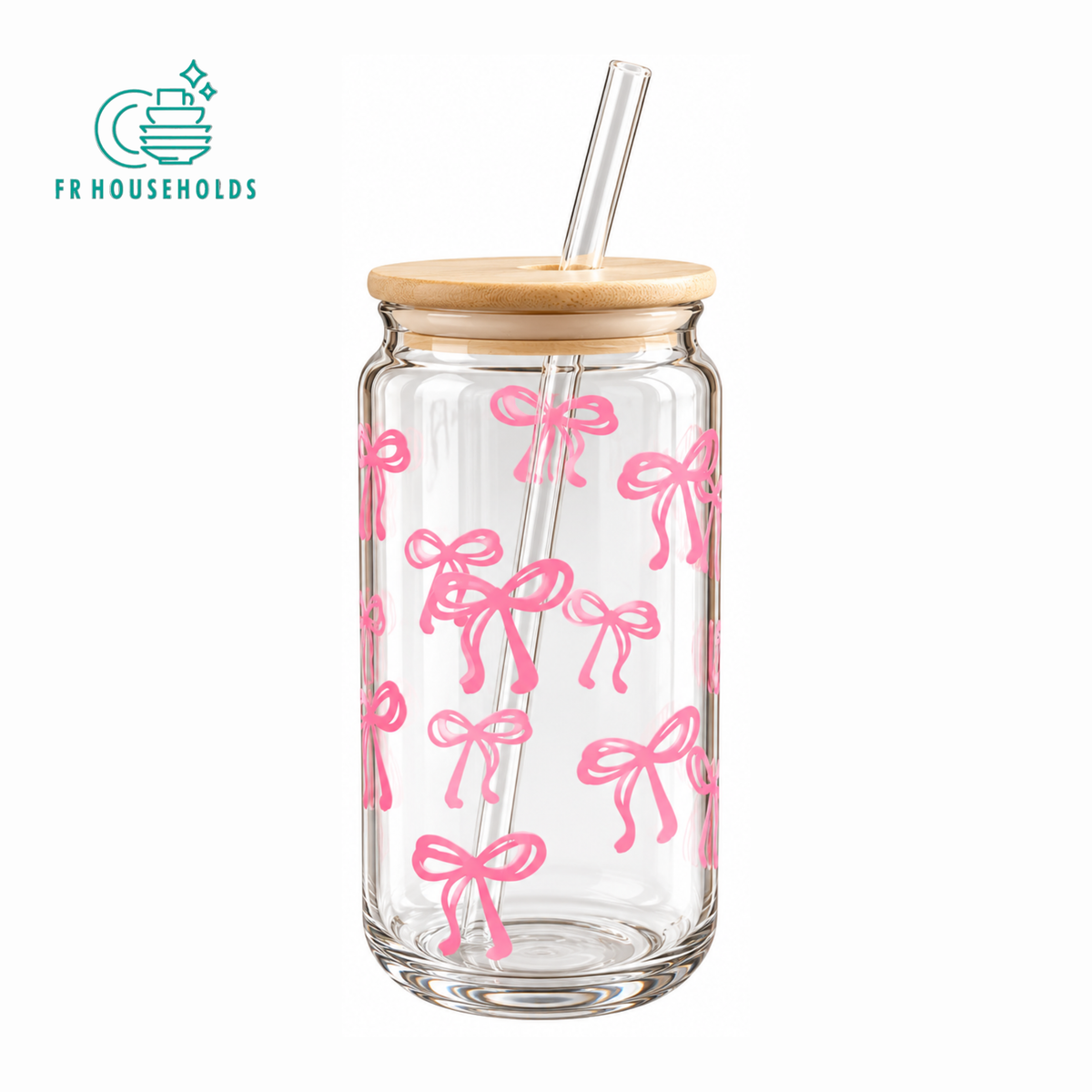 Pink Bow Glass Tumbler with Lid & Straw