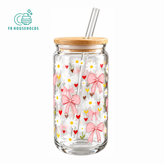 Bow & Daisy Floral Glass Tumbler with Lid & Straw