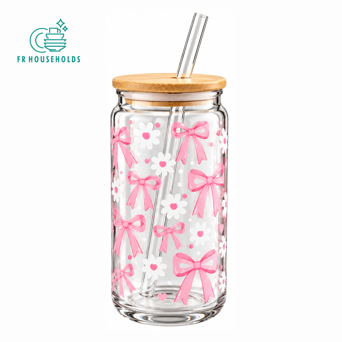 Pink Bow & Flower Glass Tumbler with Lid & Straw