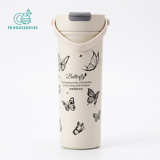 Cream Butterfly Print Stainless Steel Insulated Travel Mug