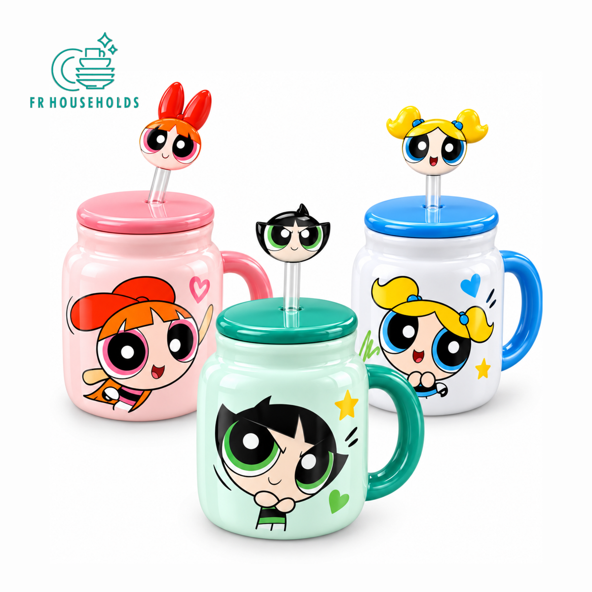 The Powerpuff Girls 400ml Ceramic Mug with Lid & Straw