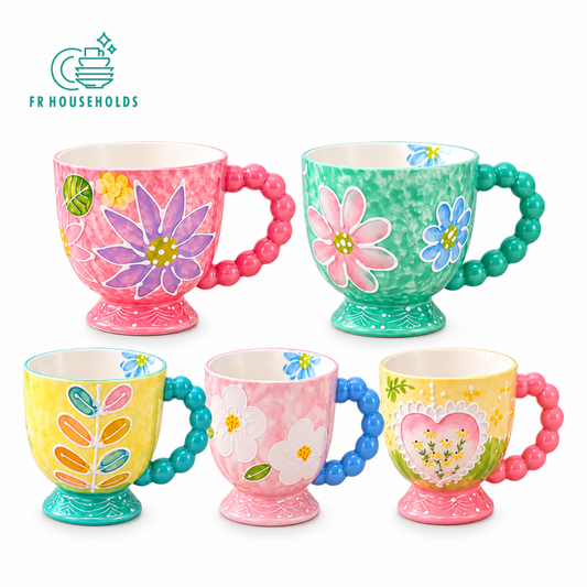 Aesthetic Floral Ceramic Mug with Beaded Handle | Hand Painted