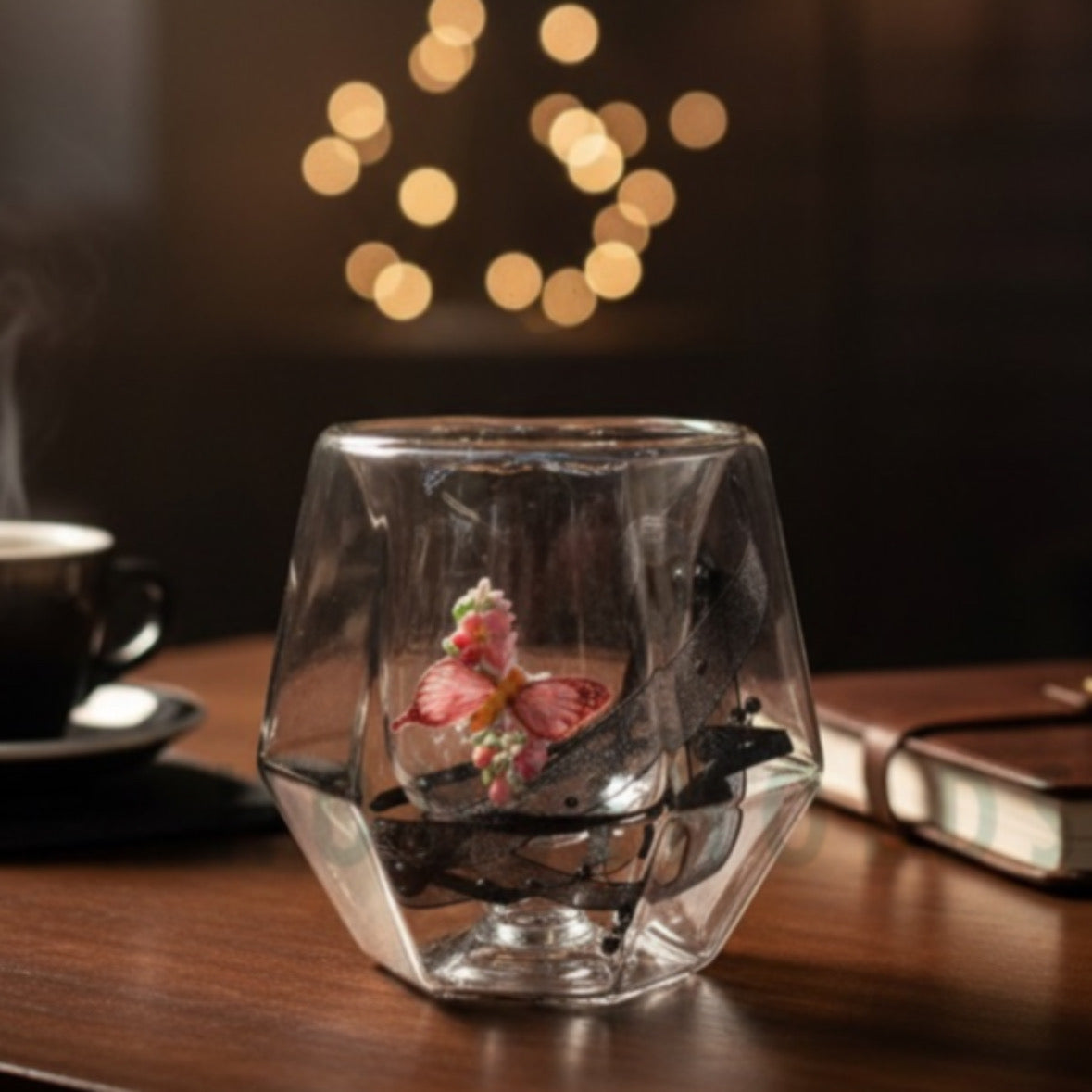 Double Wall Dried Ribbon Glass with Embossed Butterfly - 250ml