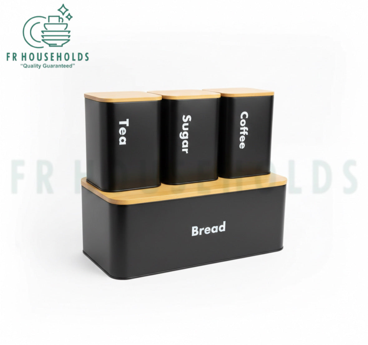Metallic Bread Box with Wooden Top + 3pcs Airtight Tea Coffee Sugar Jars | Modern Kitchen Storage Set