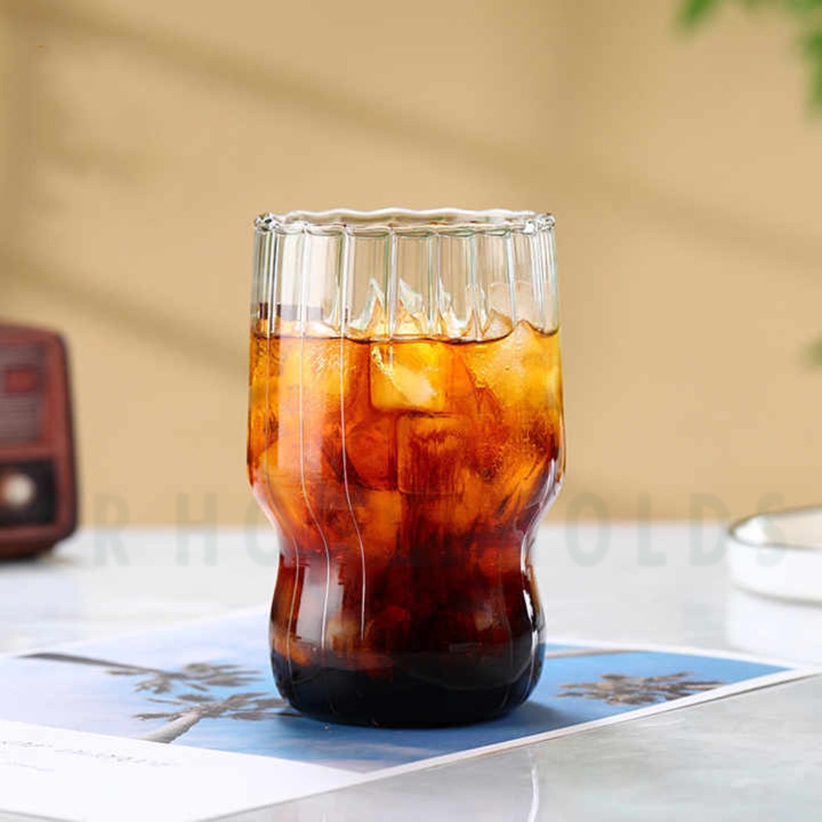Ribbed And Plain Transparent Drinking Glass Tumbler with Bamboo Lid And Glass Straw | 400ml