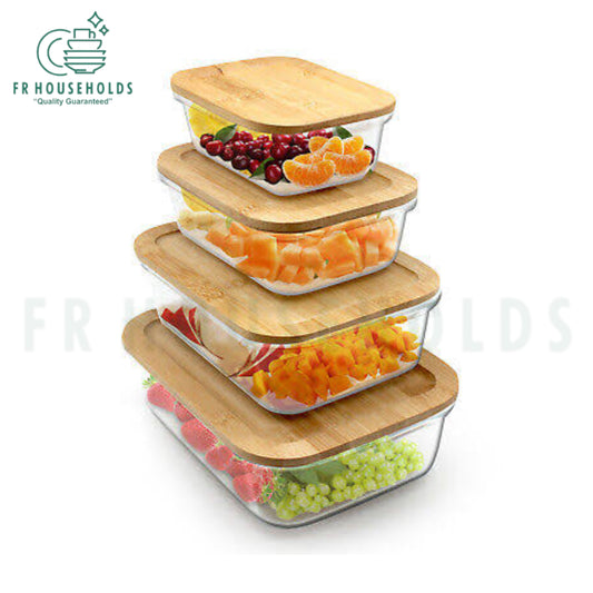 Rectangular Glass Storage Box Set with Organic Bamboo Lids – 1500ml, 1040ml, 630ml & 370ml (Set of 4)