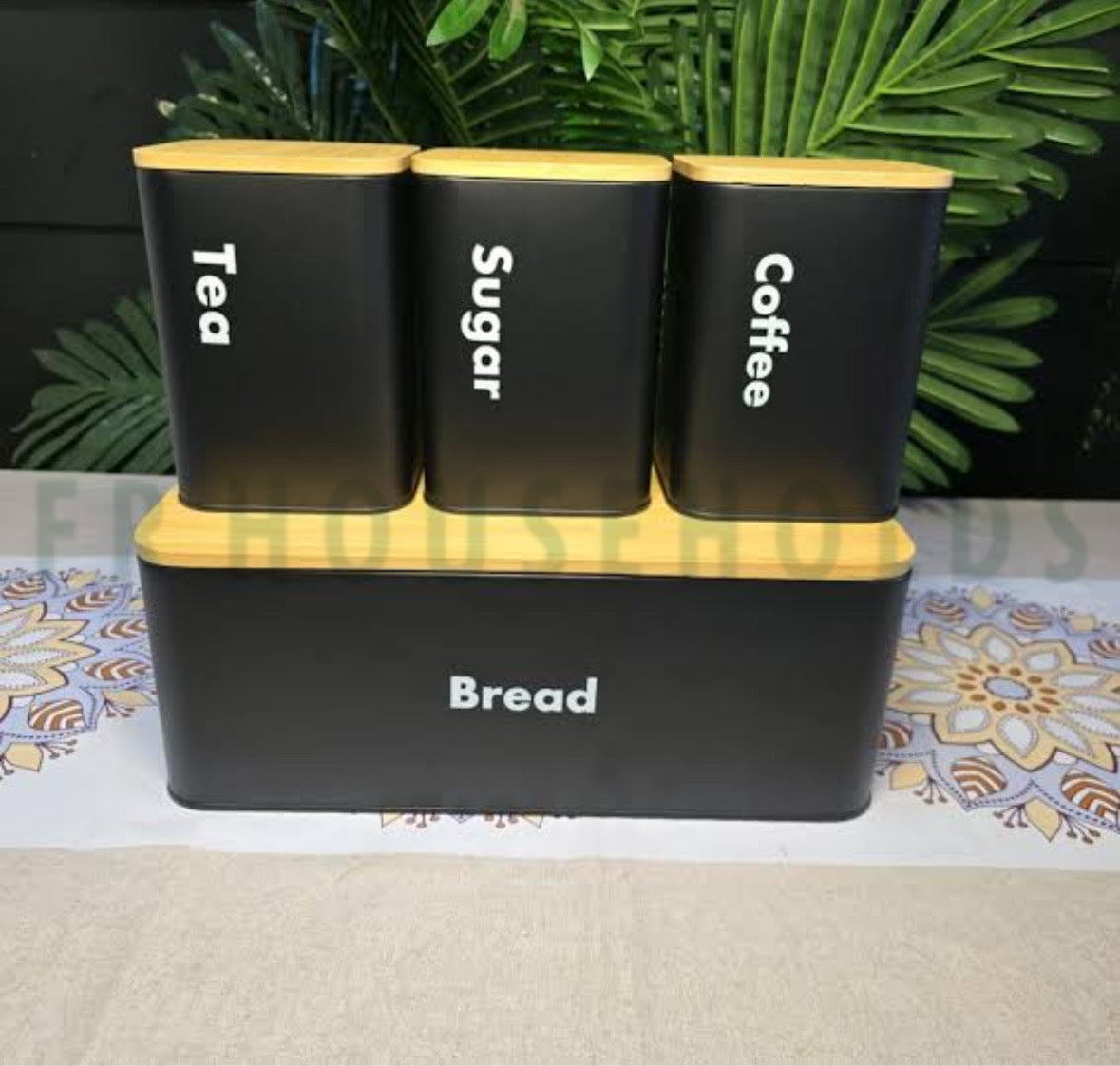 Metallic Bread Box with Wooden Top + 3pcs Airtight Tea Coffee Sugar Jars | Modern Kitchen Storage Set