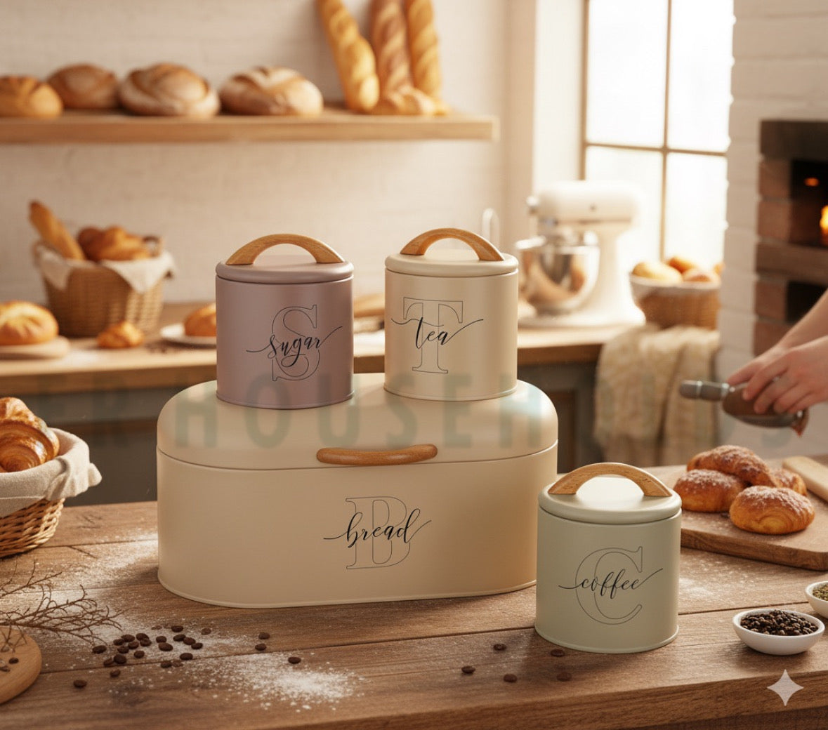 Italian Style 4pcs Stylish Bread, Tea, Sugar & Coffee Airtight Tin Canisters Set By FR Households