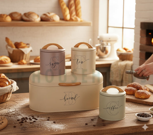 Italian Style 4pcs Stylish Bread, Tea, Sugar & Coffee Airtight Tin Canisters Set By FR Households