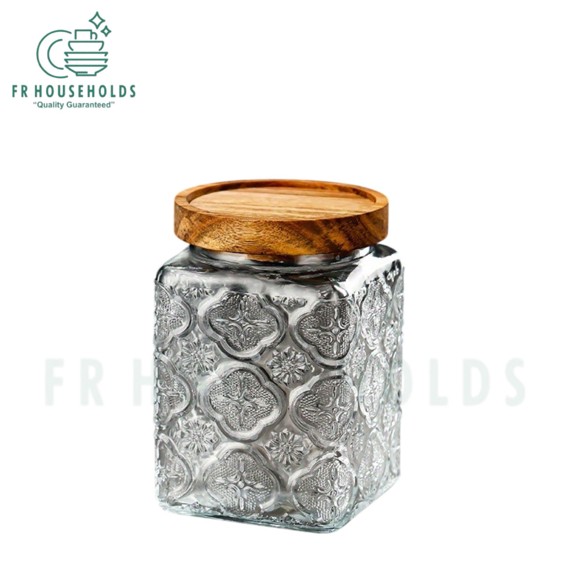 Vintage Pattern Glass Airlock Jar with Wooden Lid - 750ml - 24OZ | Square